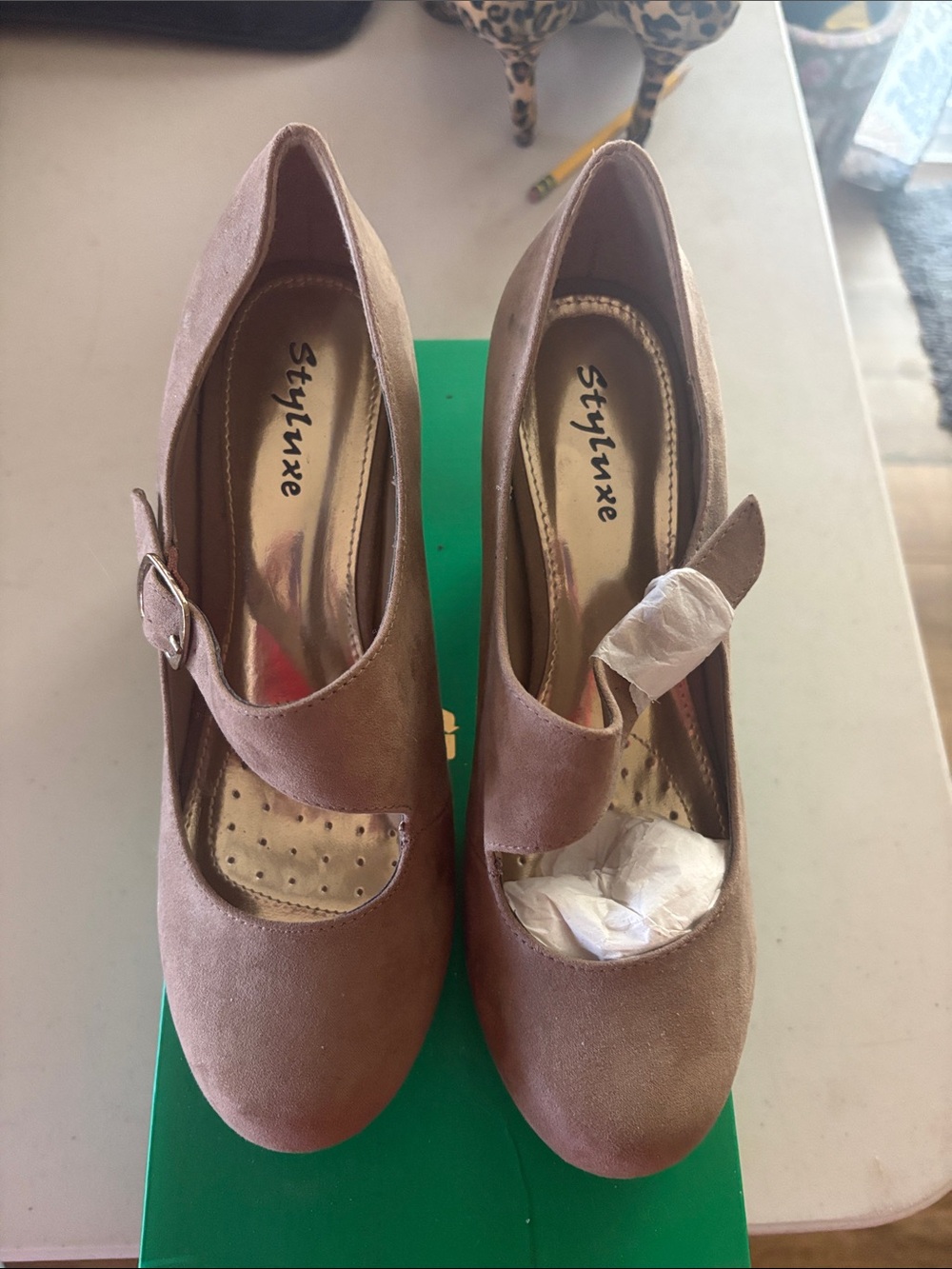 Styluxe Taupe Mary Jane Heels with Buckle Strap